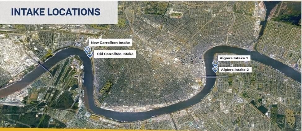Map of SWBNO water intake locations along the Mississippi River, showing New Carrollton Intake, Old Carrollton Intake, Algiers Intake 1, and Algiers Intake 2.