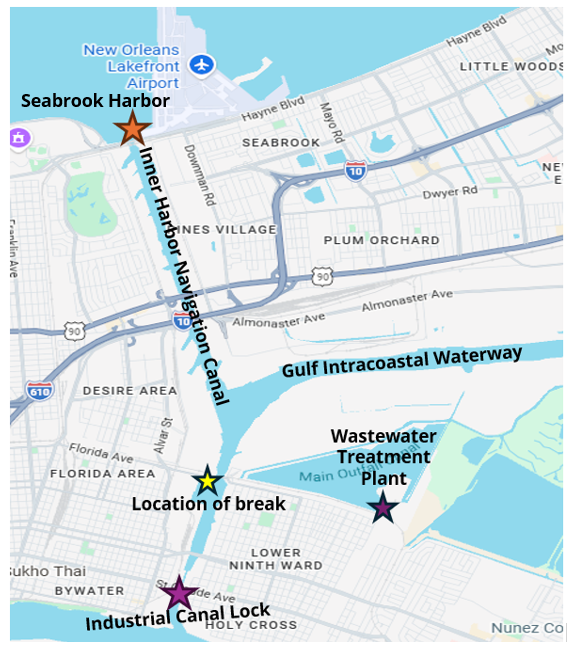 Map of the Industrial Canal area marking Seabrook Harbor, the Inner Harbor Navigation Canal, the location of the sewer main break, the Wastewater Treatment Plant, and the Industrial Canal Lock.